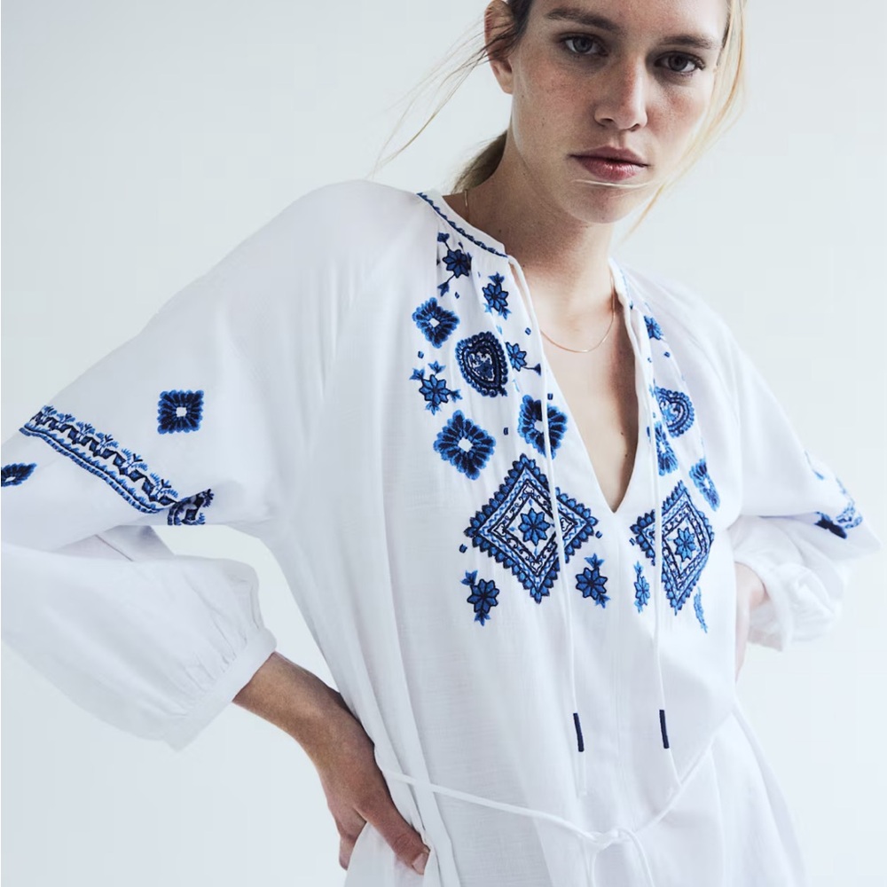 H&M White Dress with Blue Embroidery